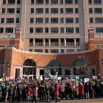Hundreds of demonstrators gather to protest against Department of Government Efficiency cuts outside the headquarters of the National Oceanic and Atmospheric Administration on March 3, 2025, in Silver Spring, Md. In February, President Trump’s administration fired about 800 probationary staff at NOAA, on top of about 500 employees who took a deferred resignation offer.