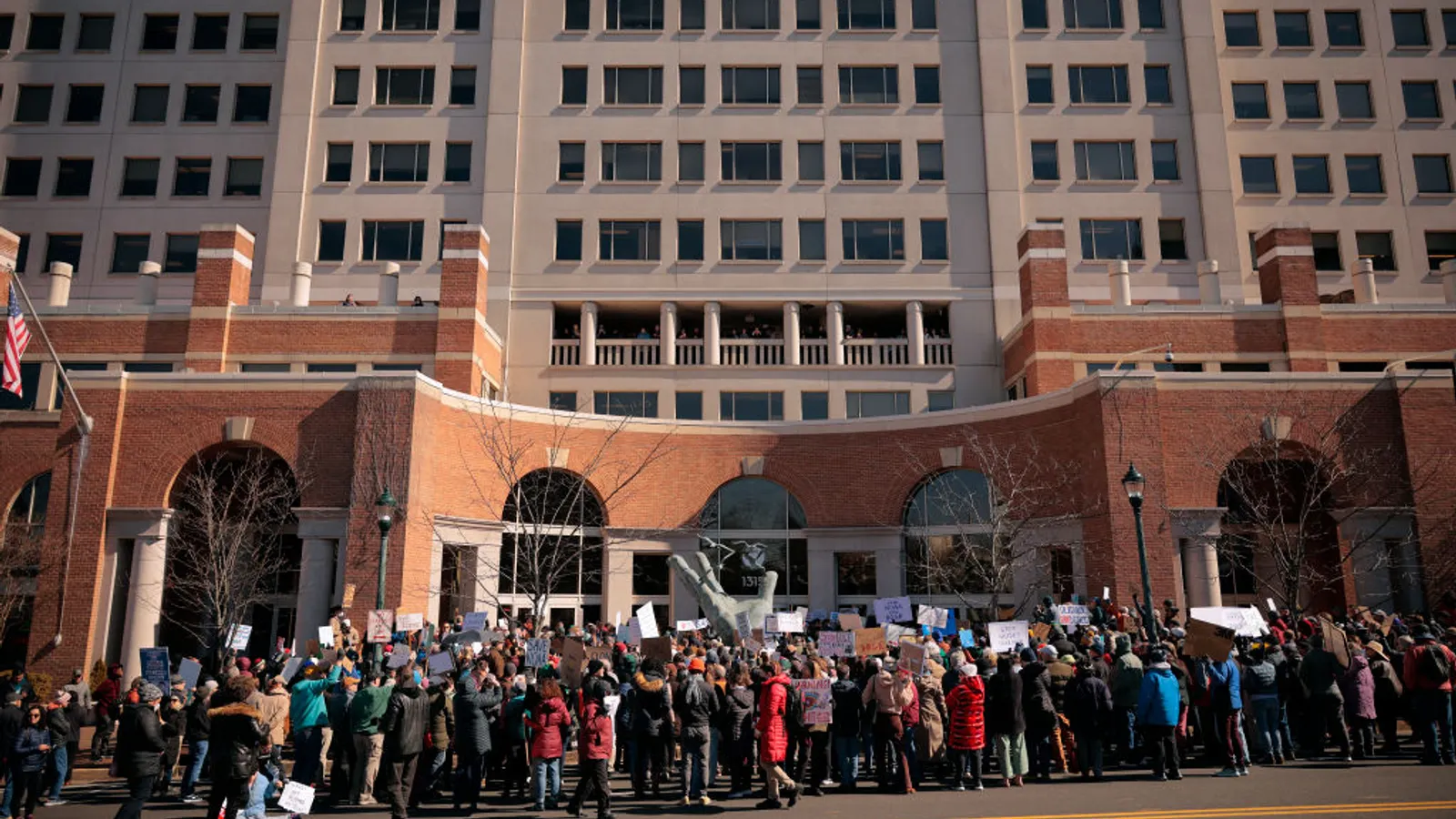 Hundreds of demonstrators gather to protest against Department of Government Efficiency cuts outside the headquarters of the National Oceanic and Atmospheric Administration on March 3, 2025, in Silver Spring, Md. In February, President Trump’s administration fired about 800 probationary staff at NOAA, on top of about 500 employees who took a deferred resignation offer.