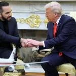 U.S. President Donald Trump meets with President Nayib Bukele of El Salvador in the Oval Office of the White House on April 14, 2025, in Washington, D.C. Abrego Garcia was unlawfully detained, SMART claims, and, according to court documents, was deported to El Salvador, a country he had fled and was granted asylum from in 2019.